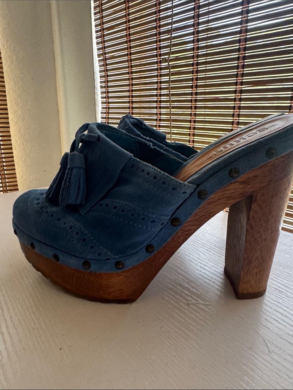 SCHUTZ Blue Suede Tassel Fringe Mules - Picture 2 of 7